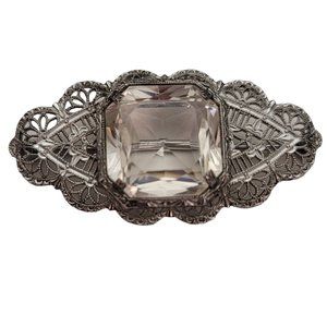 Silver Tone Rhodium Plated Art Deco Clear Rhinestone Filigree Brooch Pin E199